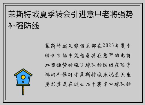 莱斯特城夏季转会引进意甲老将强势补强防线